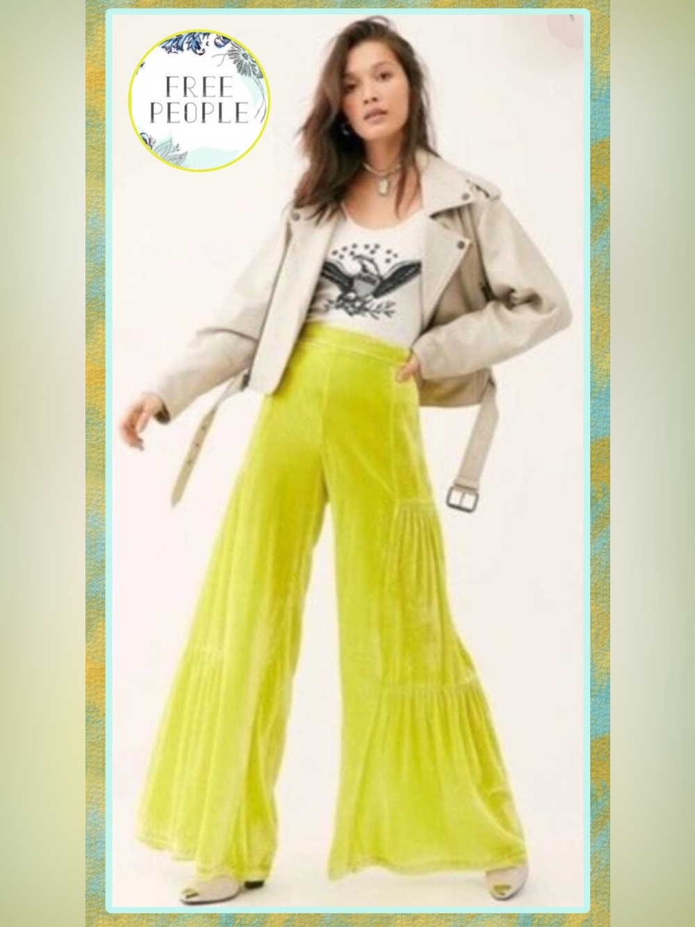 🆕 Free People Women's Say La Vie Palazzo Wide Leg Pants YELLOW Sz8 festival boho